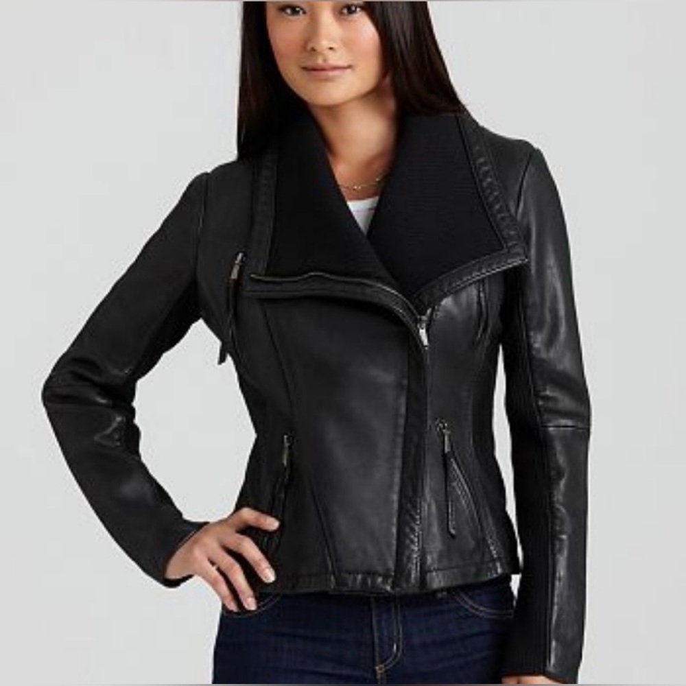 Michael Kors Black Leather Wing collar Jacket Size M